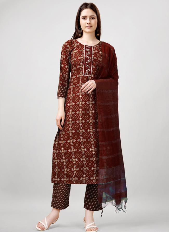 Rayon Maroon Festival Wear Printed Readymade Straight Suit